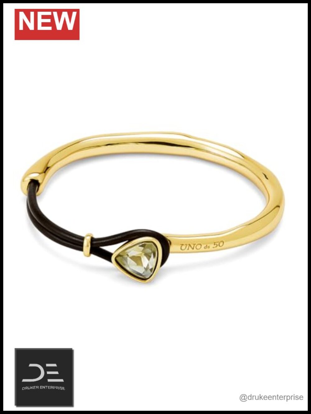 18K Gold-Plated Rigid Cuff Bracelet with Leather & Green Faceted Crystal